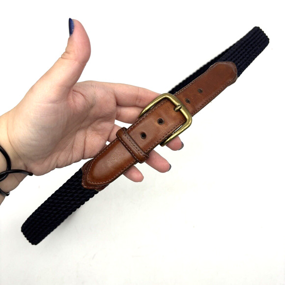 1995 Land's End 37866 Navy Blue Stretch Brown Leather Brass Buckle Belt Men's 38 - Picture 8 of 16